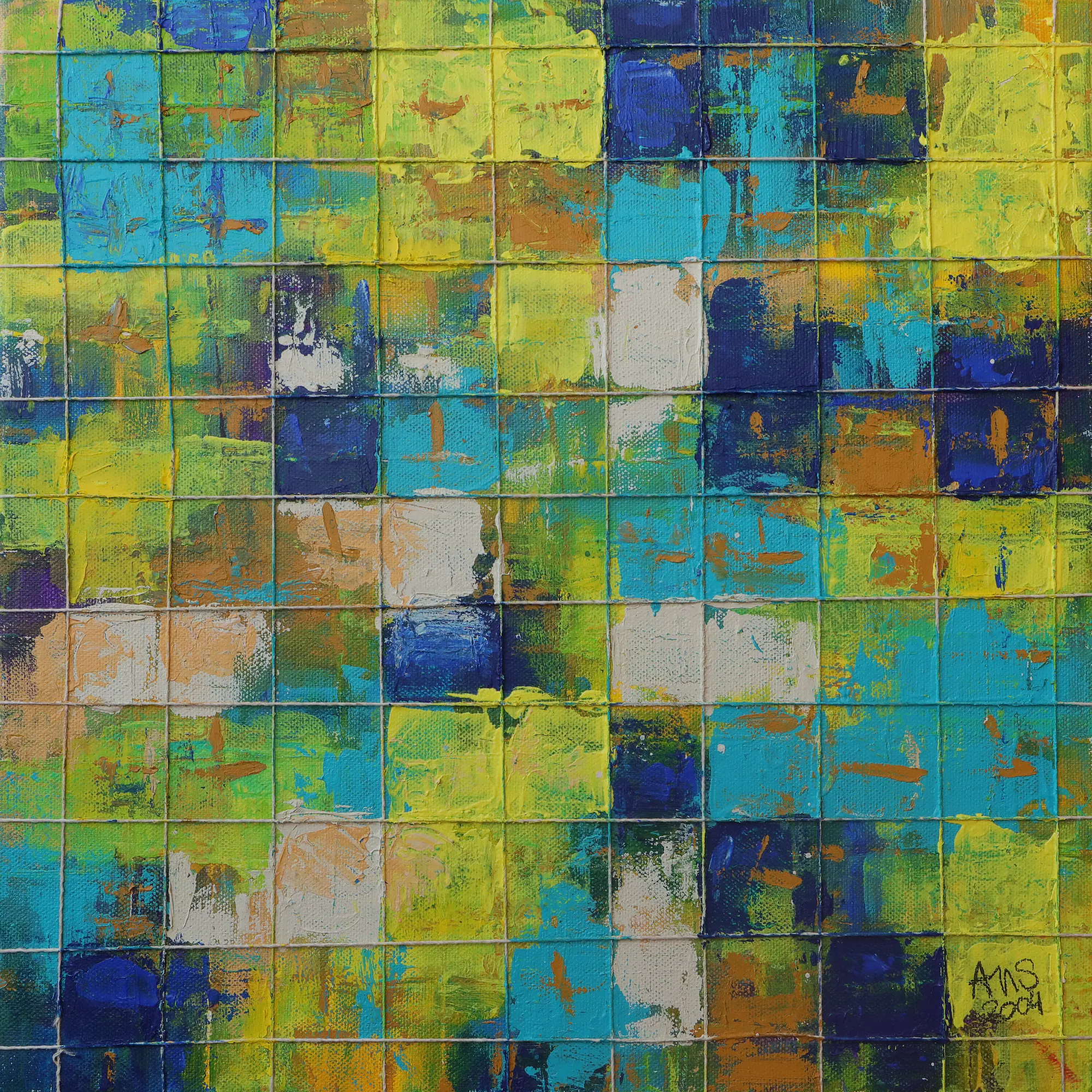 Gemälde abstrakt Linien Karos Kästchen Quadrat trükis gelb Schnur modern