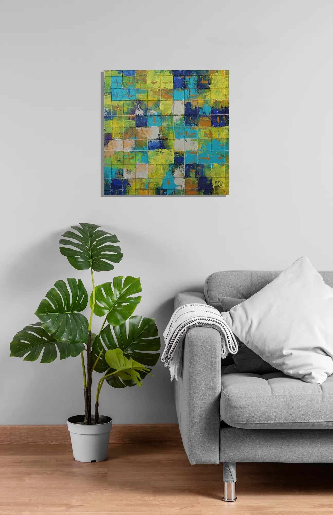 Wandbild für modernes Wohndesign Gemälde abstrakt Linien Karos Kästchen Quadrat trükis gelb Schnur modern