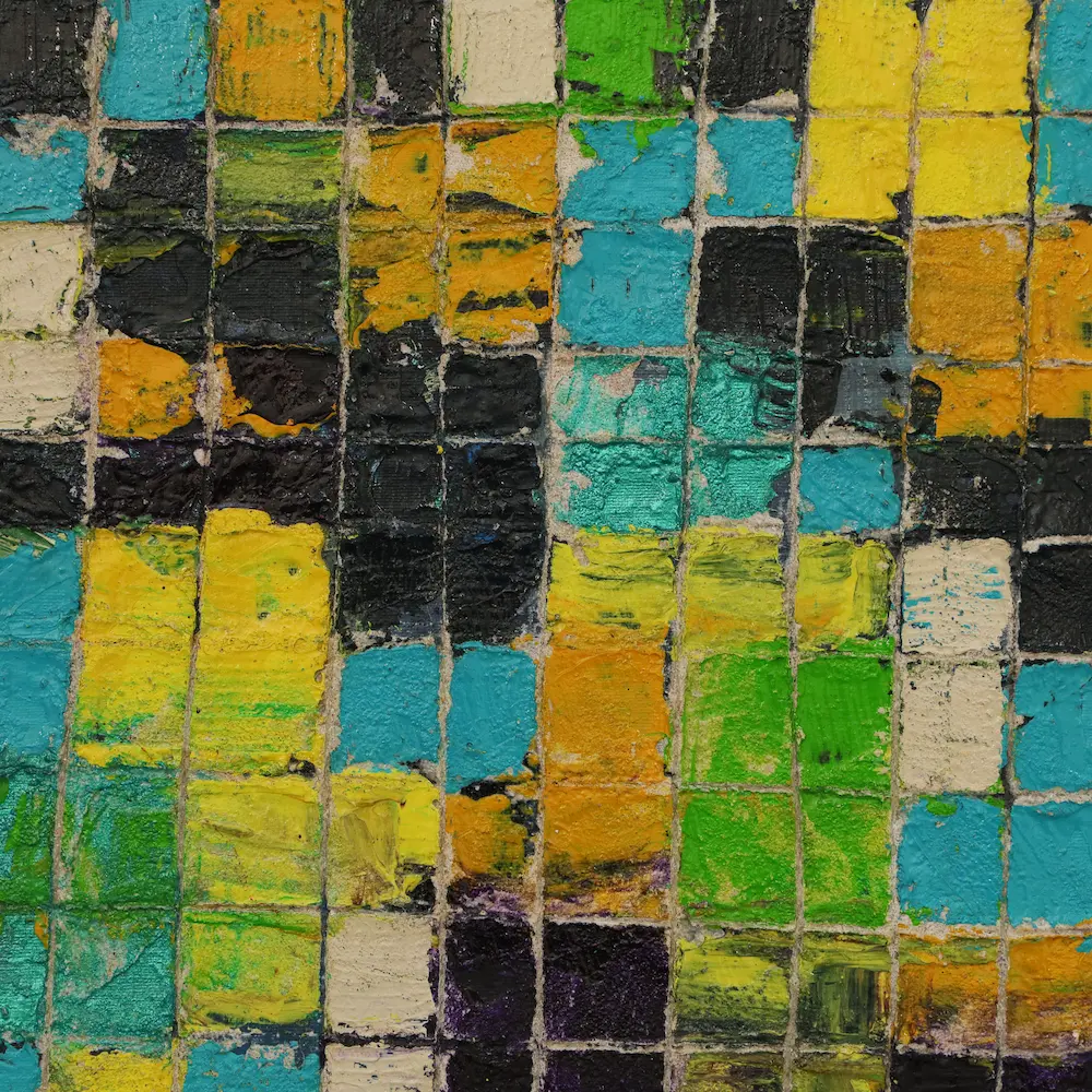Nahaufnahme Gemälde klein blau grün gelb Quadrate Kästchen abstrakt Kunst Unikat glänzend