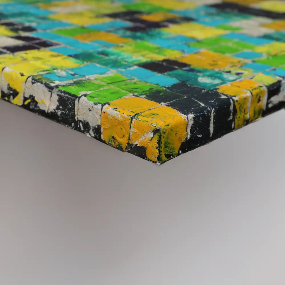 Nahaufnahme Gemälde klein blau grün gelb Quadrate Kästchen abstrakt Kunst Unikat glänzend