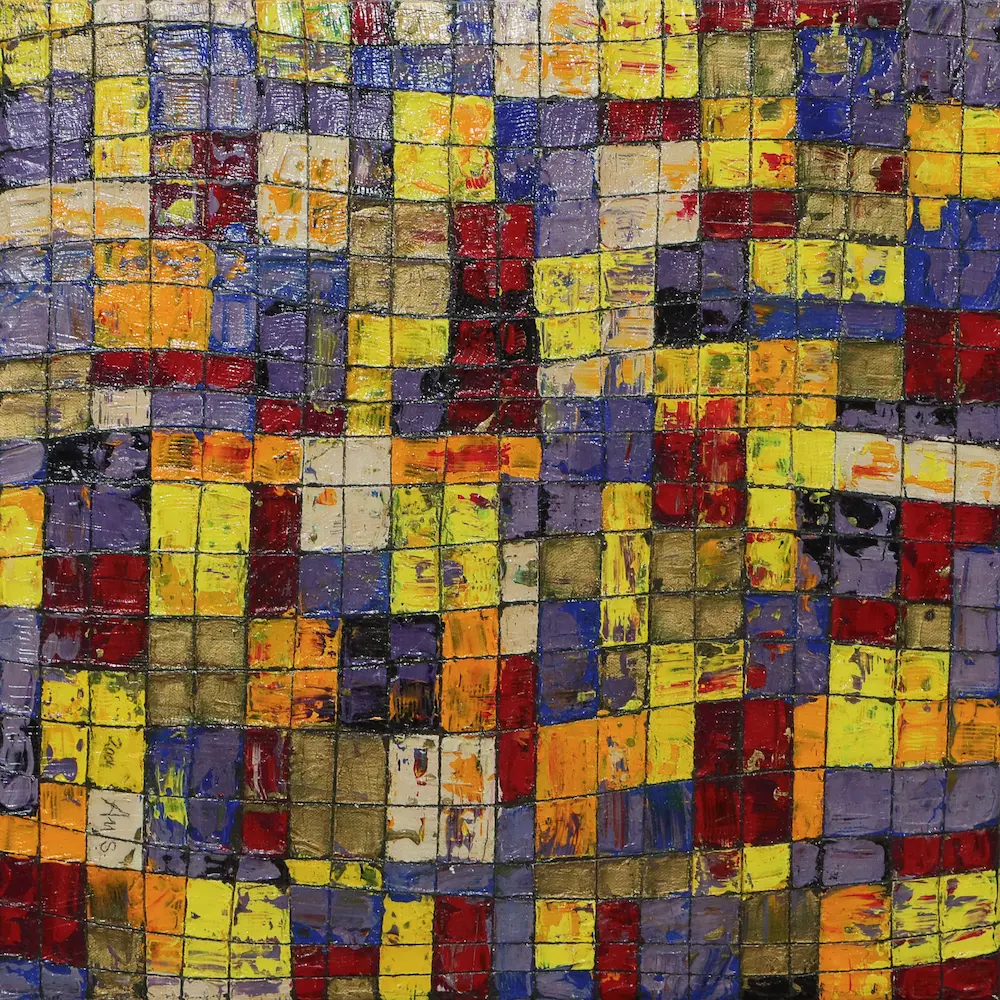 Gemälde abstrakt Linien Karos Kästchen Quadrate lila gelb modern Kunst gold