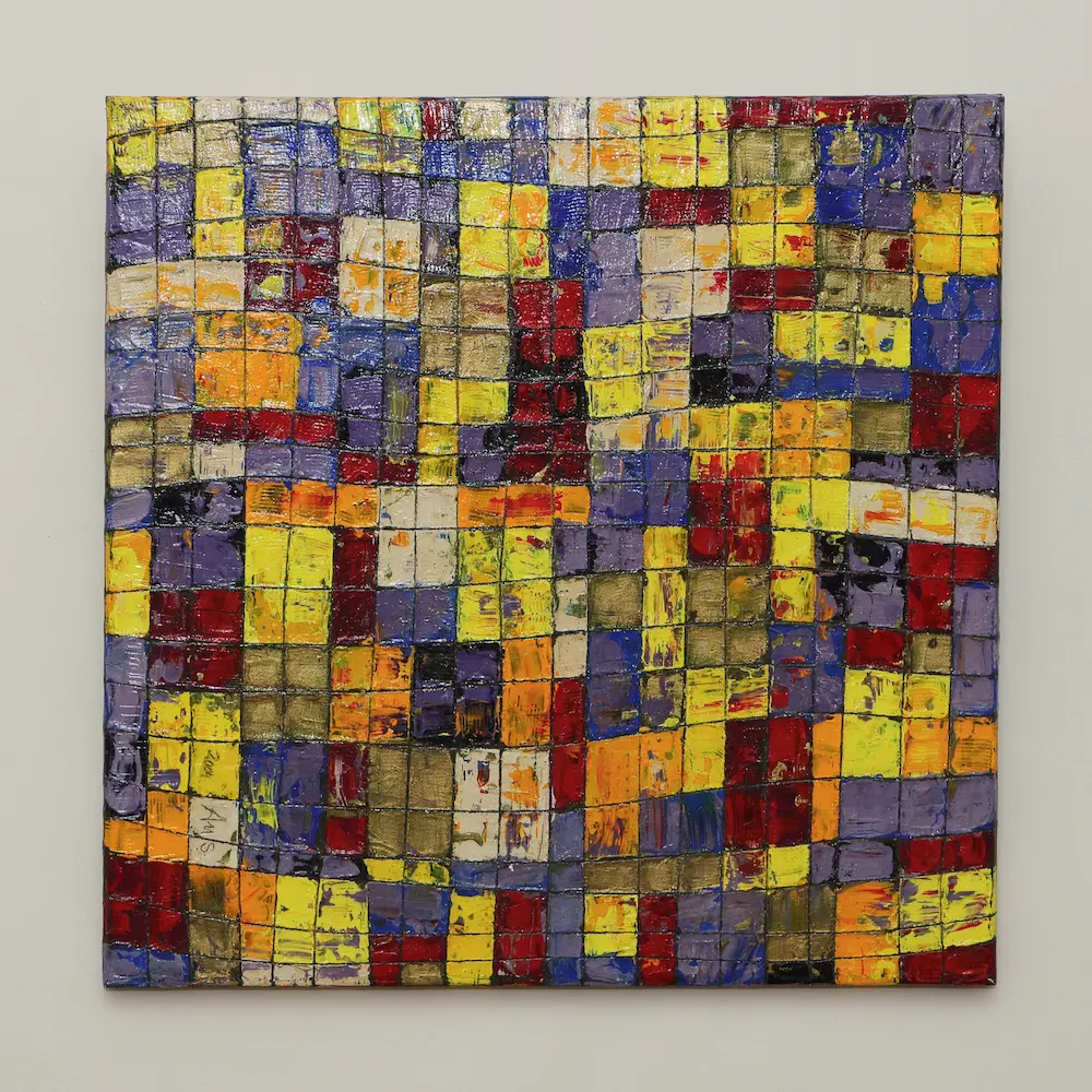 Nahaufnahme Gemälde abstrakt Linien Karos Kästchen Quadrate lila gelb modern Kunst gold