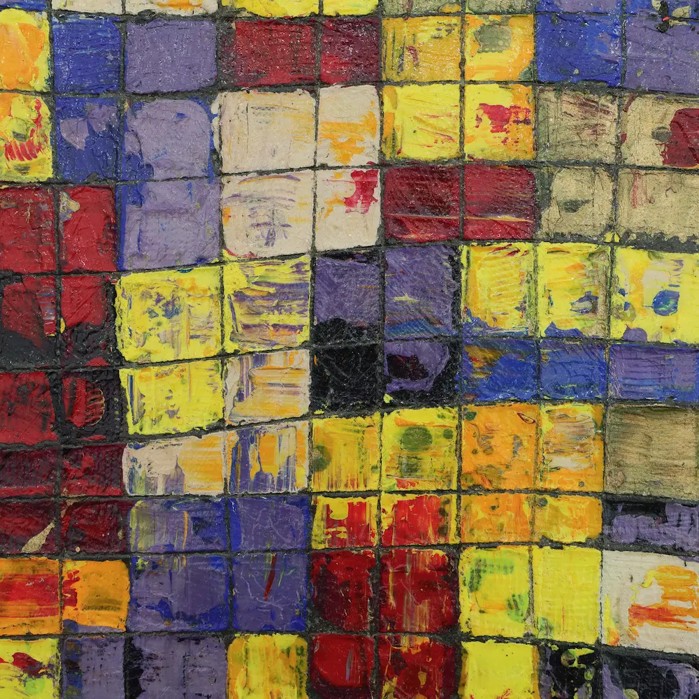 Nahaufnahme Gemälde abstrakt Linien Karos Kästchen Quadrate lila gelb modern Kunst gold