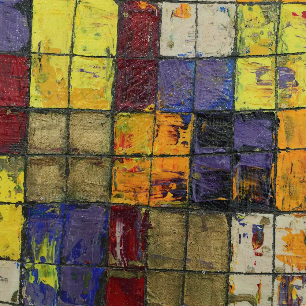 Nahaufnahme Gemälde abstrakt Linien Karos Kästchen Quadrate lila gelb modern Kunst gold