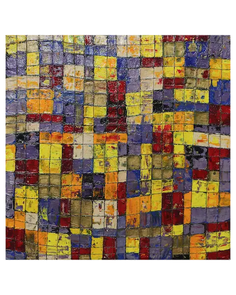 Gemälde abstrakt Linien Karos Kästchen Quadrate lila gelb modern Kunst gold