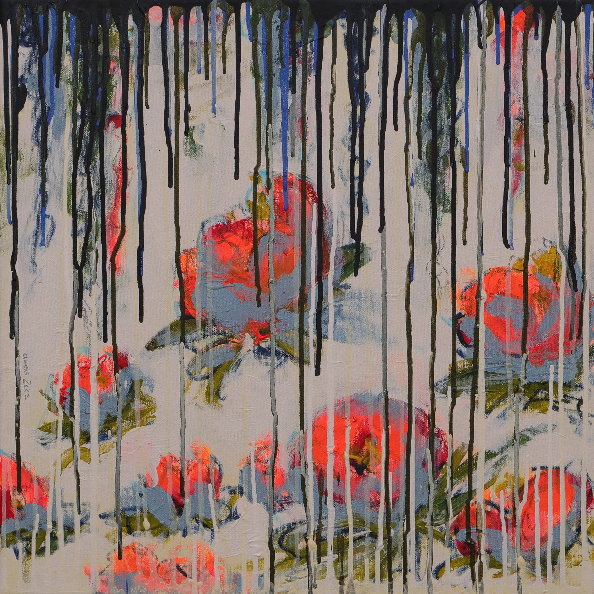 echtes Art Gemälde Bild Teich See Rosen Lilien weiss neon orange weiß Verlauf