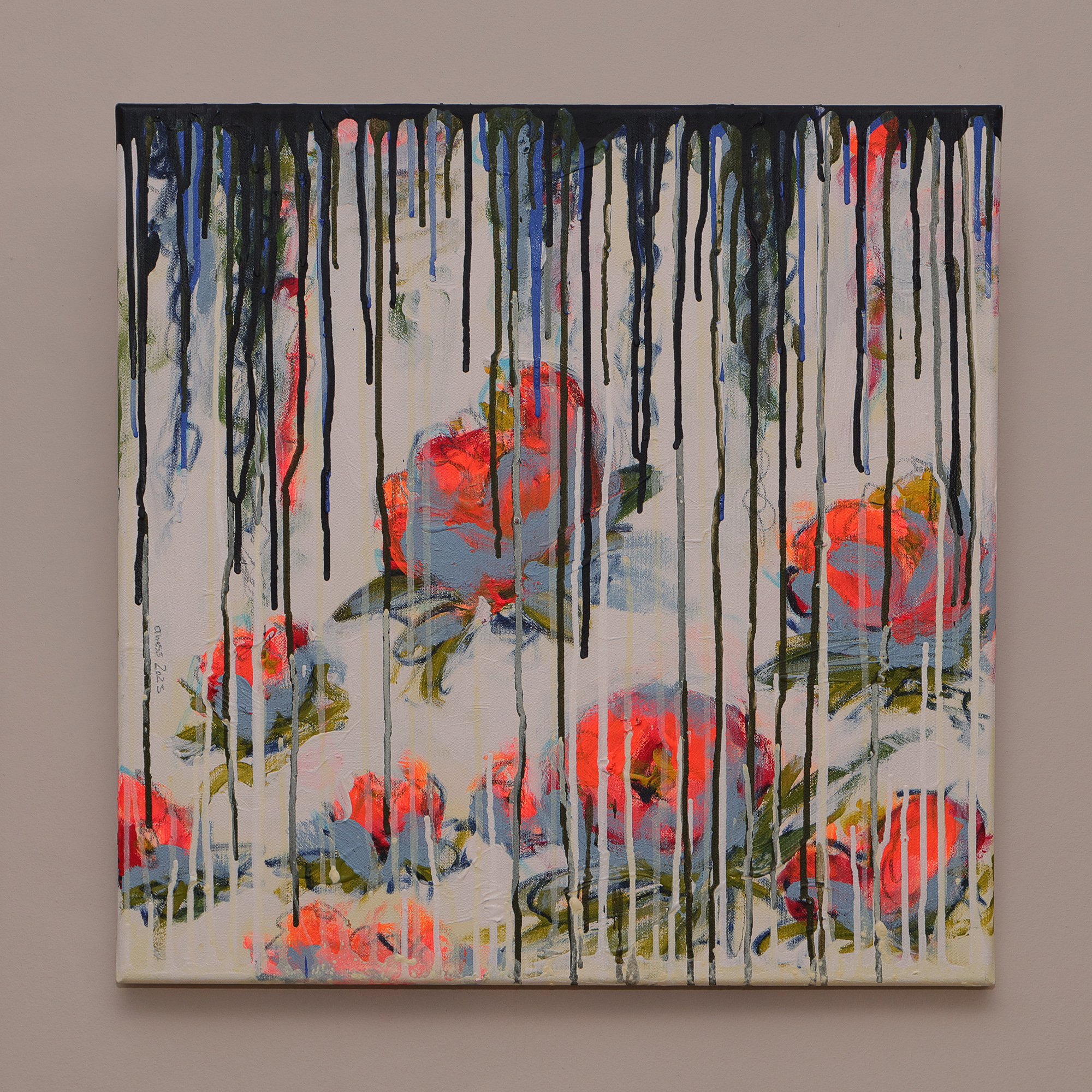 Nahaufnahme echtes Art Gemälde Bild Teich See Rosen Lilien weiss neon orange weiß Verlauf