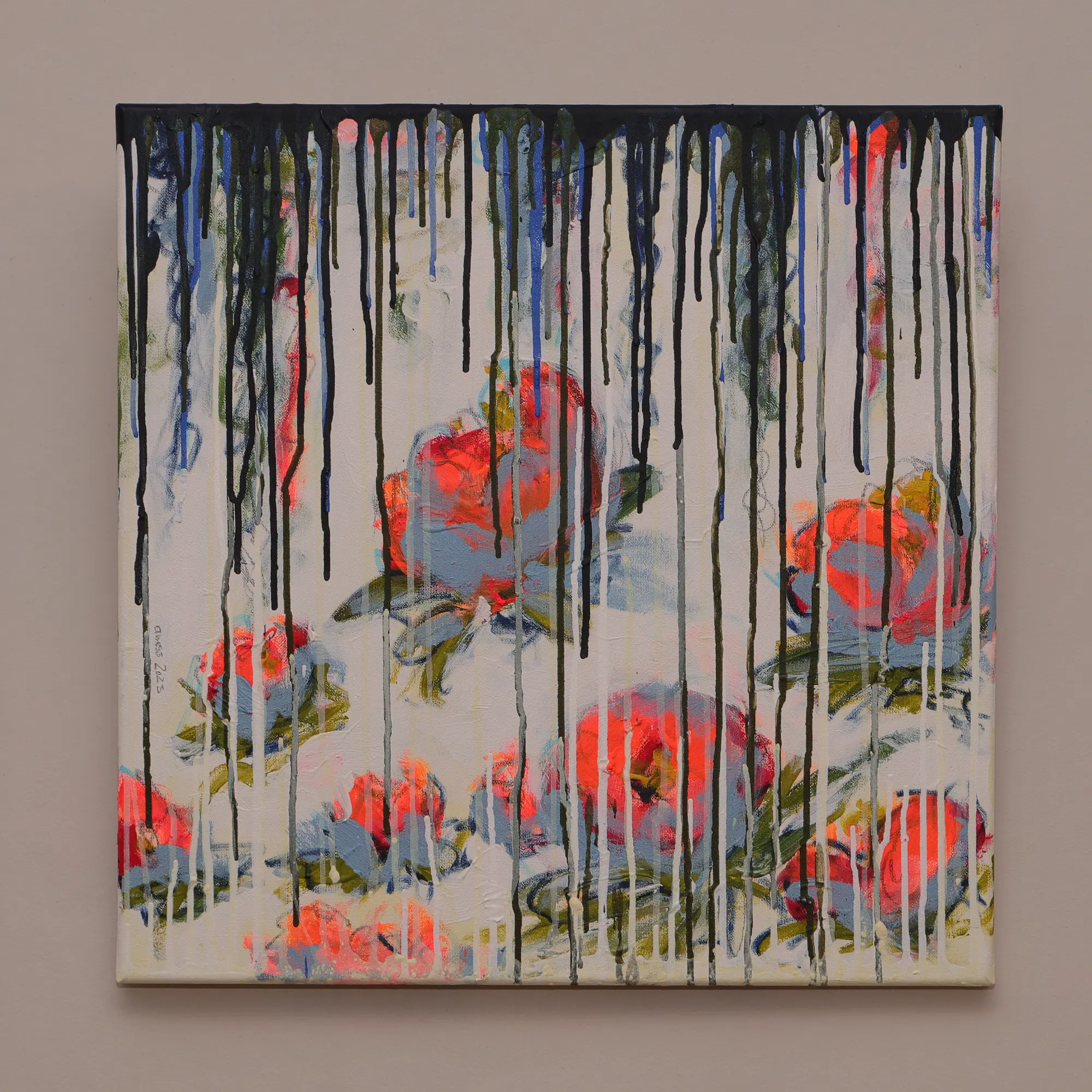 Nahaufnahme echtes Art Gemälde Bild Teich See Rosen Lilien weiss neon orange weiß Verlauf