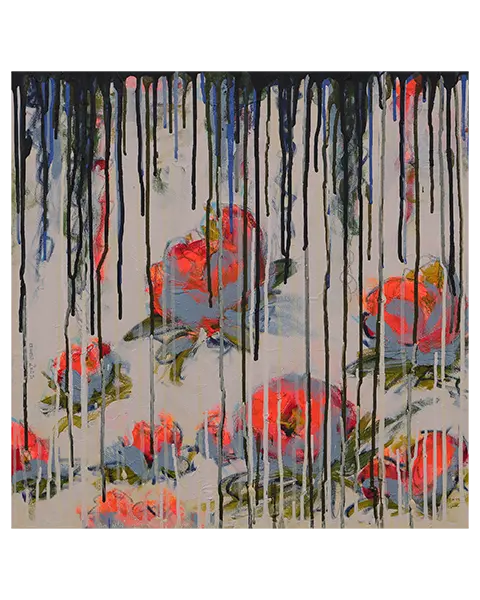 echtes Art Gemälde Bild Teich See Rosen Lilien weiss neon orange weiß Verlauf