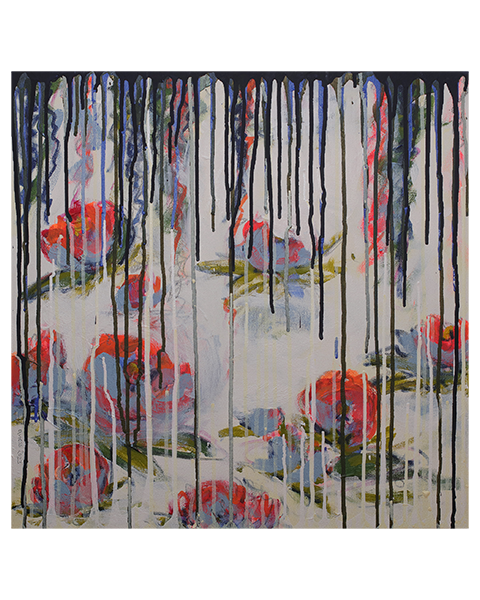 echtes Kunst Gemaelde Bild Teich See Rosen Lilien weiss neon orange abstrakt