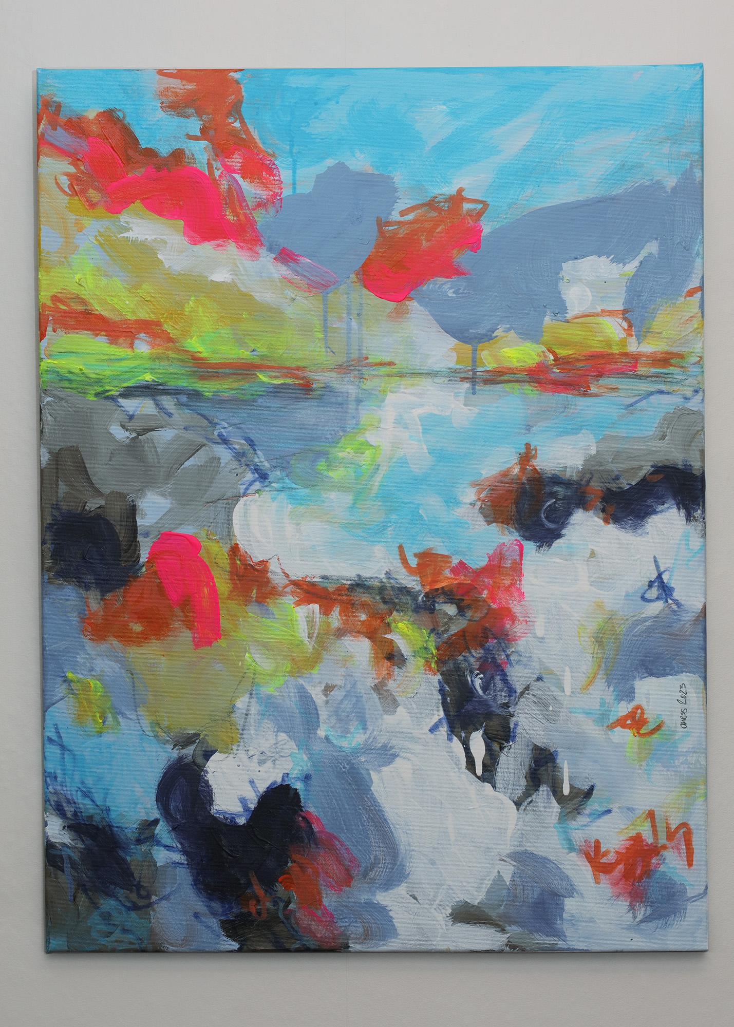 Nahaufnahme XL Gemälde Bild gelb hell blau neon Sonne Sonnen Untergang Meer Strand Nordsee