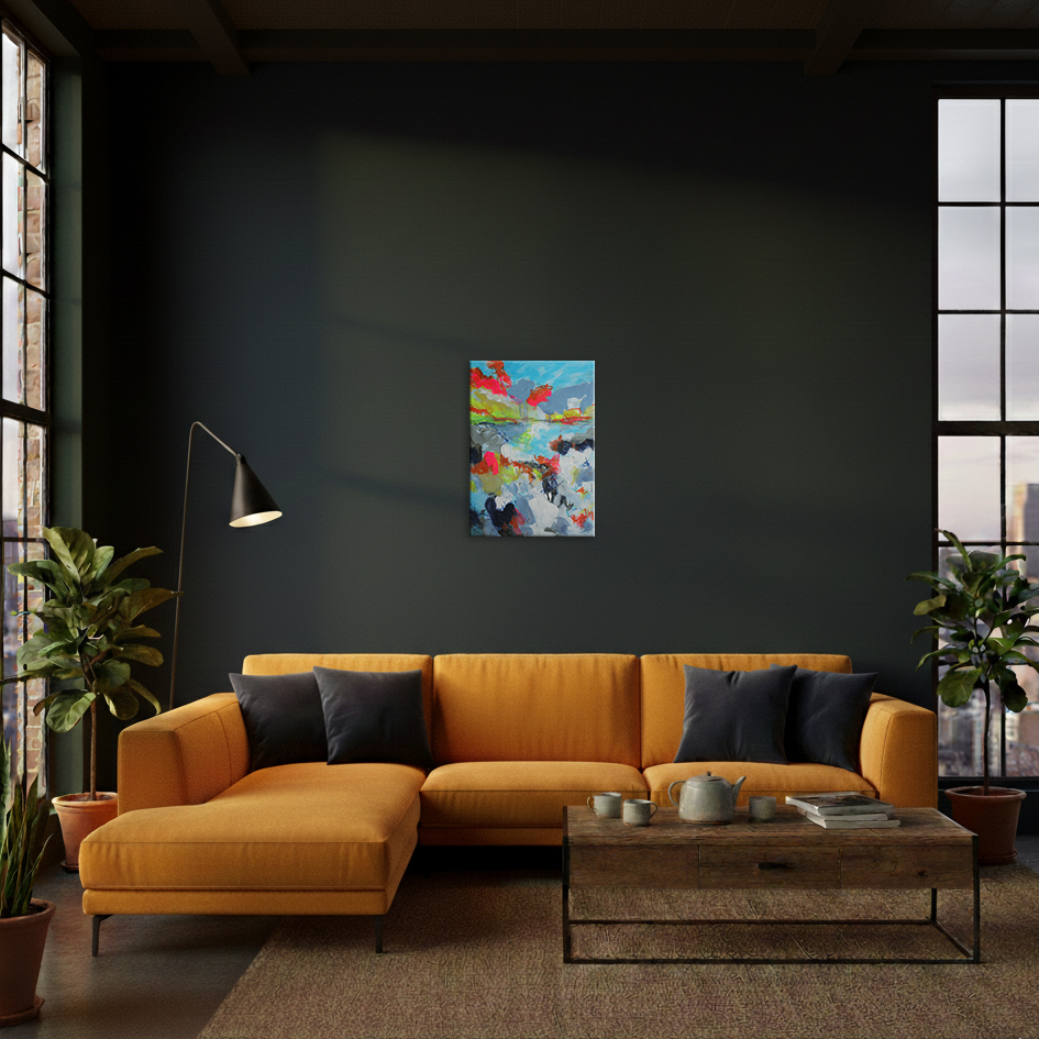 Nahaufnahme XL Gemälde Bild gelb hell blau neon Sonne Sonnen Untergang Meer Strand Nordsee