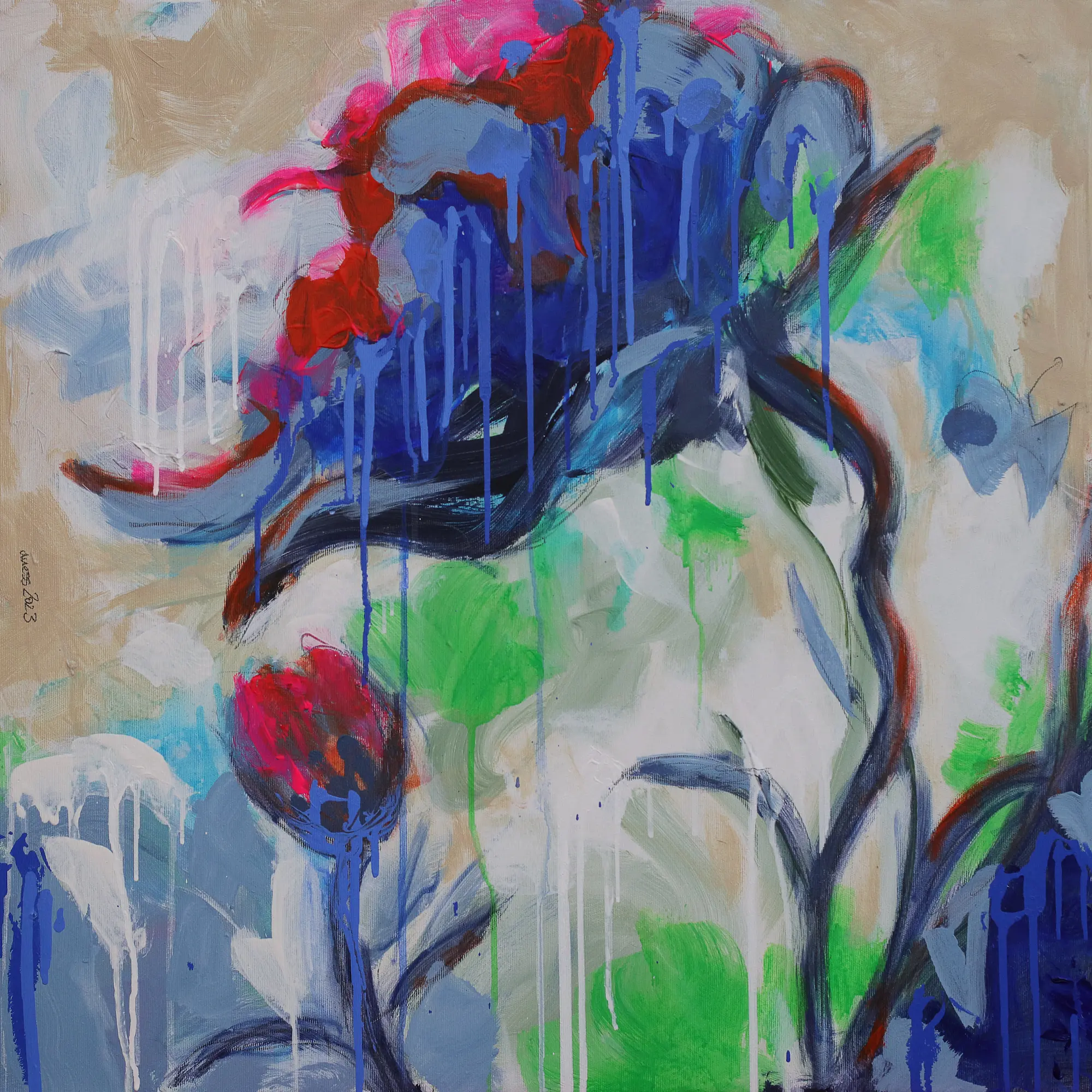 XXL XL Gemälde Bild weiss blau Blume Bluete Garten Mohn Pfingstrose abstrakt