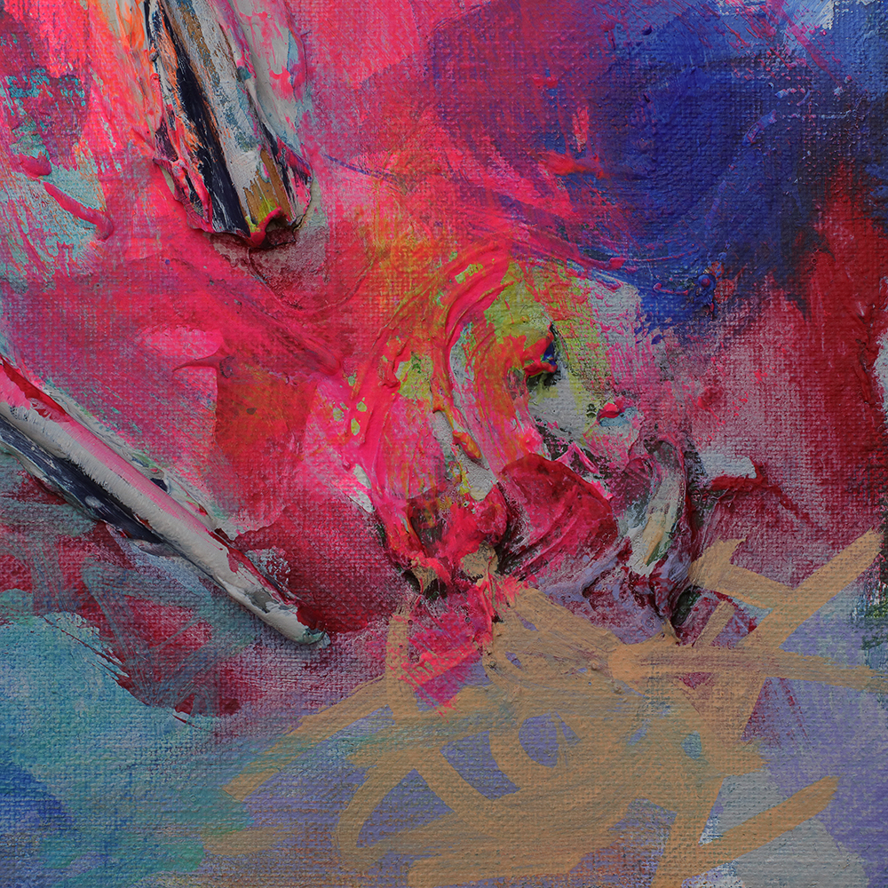 Nahaufnahme Mini XS Gemälde klein blau pastell pink Pinsel Objekt Objekte Pinsel Tuben Art