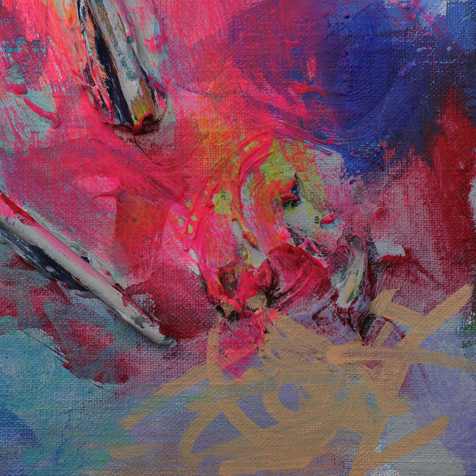 Nahaufnahme Mini XS Gemälde klein blau pastell pink Pinsel Objekt Objekte Pinsel Tuben Art