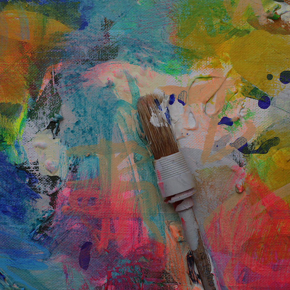 Nahaufnahme Mini XS Gemälde klein blau pastell pink Pinsel Objekt Objekte Pinsel Tuben Art