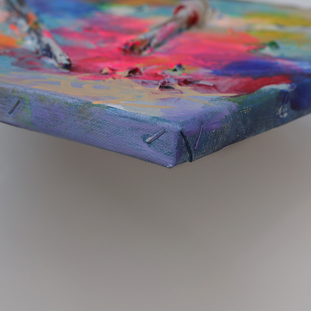 Nahaufnahme Mini XS Gemälde klein blau pastell pink Pinsel Objekt Objekte Pinsel Tuben Art