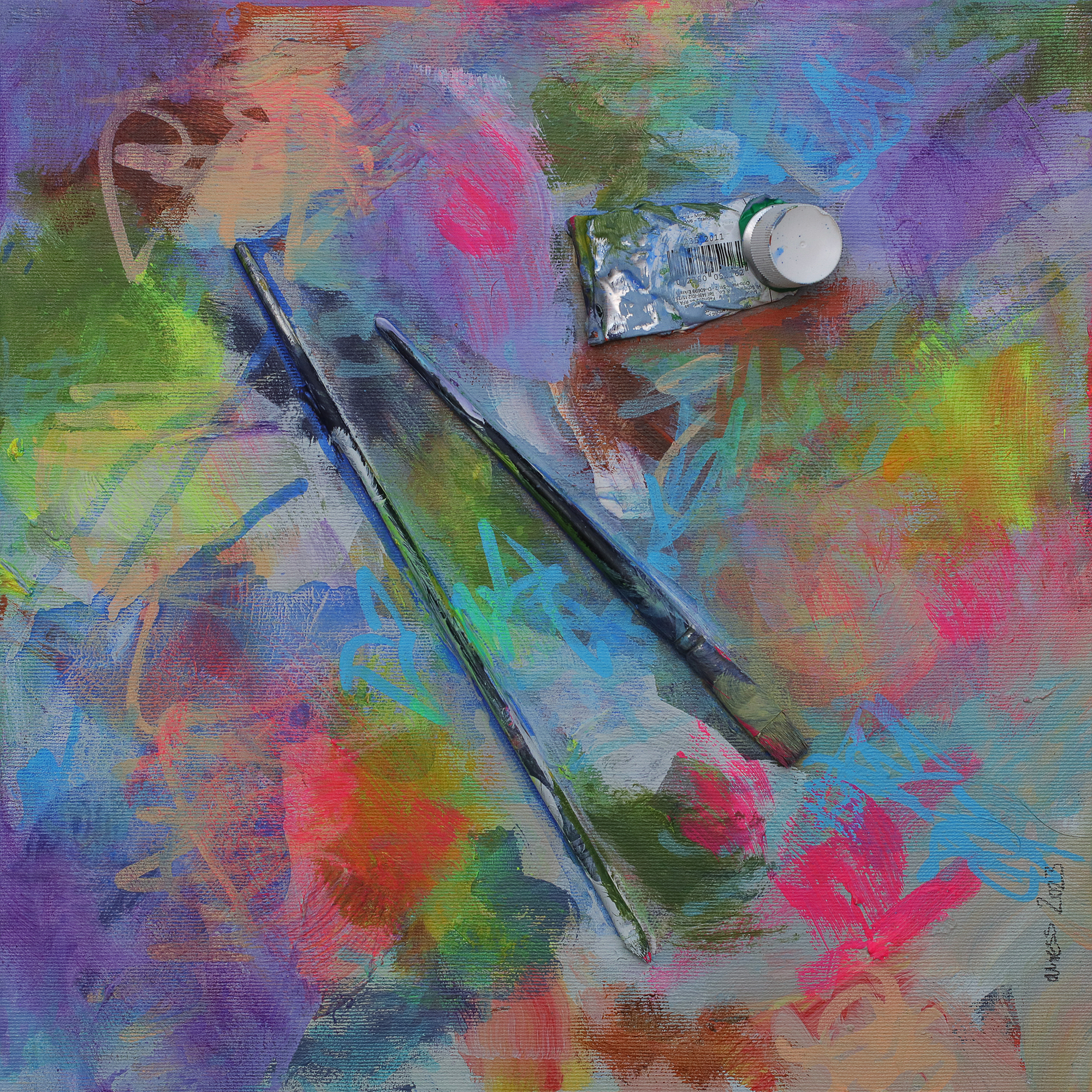 Mini XS Gemälde Bild blau lila pastell pink Pinsel Objekt Objekte Pinsel Tuben