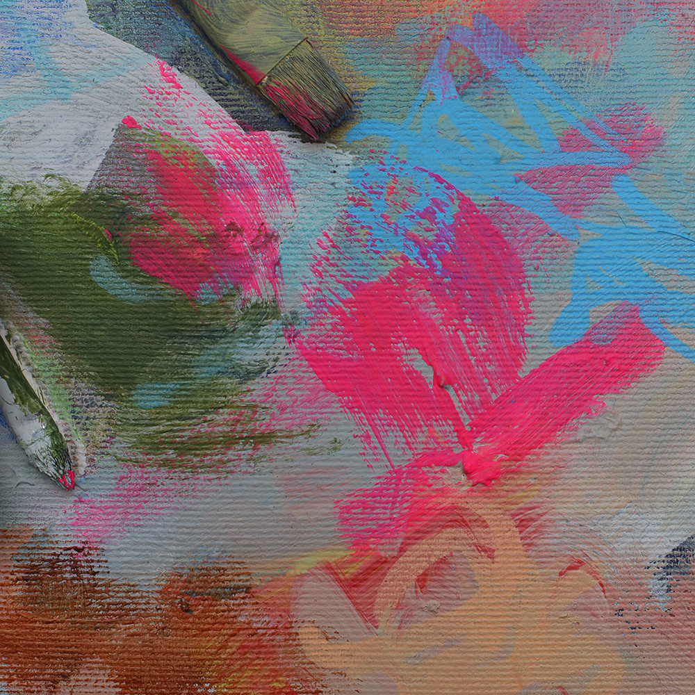 Nahaufnahme Mini XS Gemälde Bild blau lila pastell pink Pinsel Objekt Objekte Pinsel Tuben