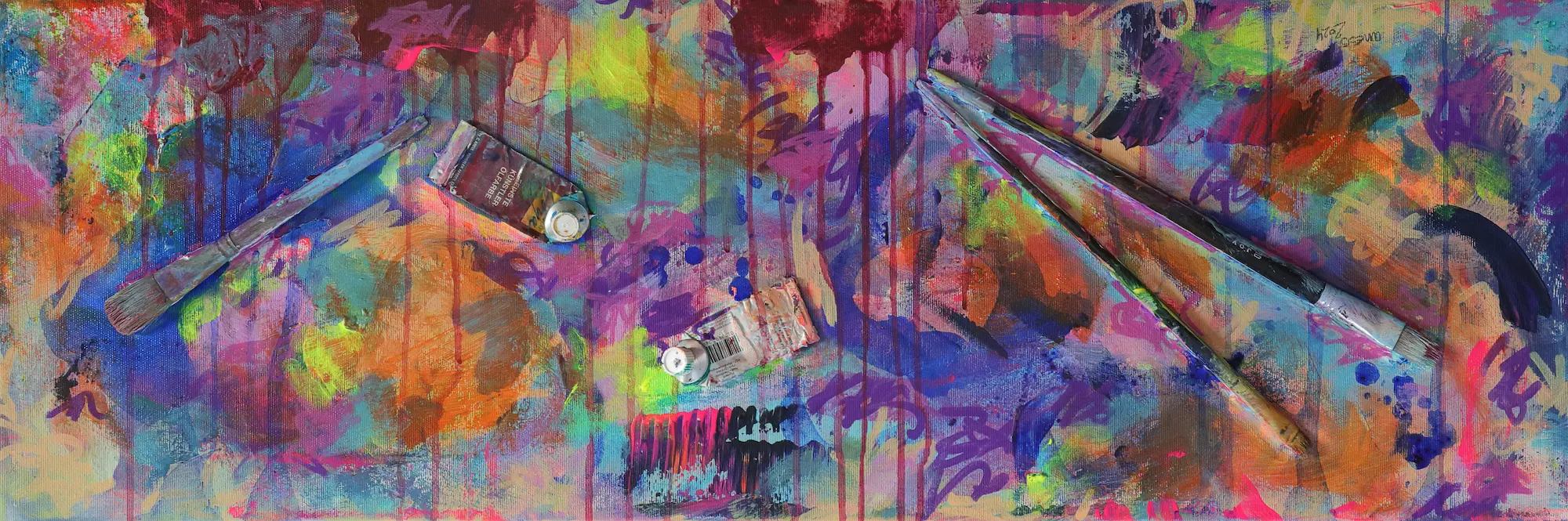 Gemälde Bild schmal neon Struktur gelb rot pink lila abstrakt Objekte Pinsel