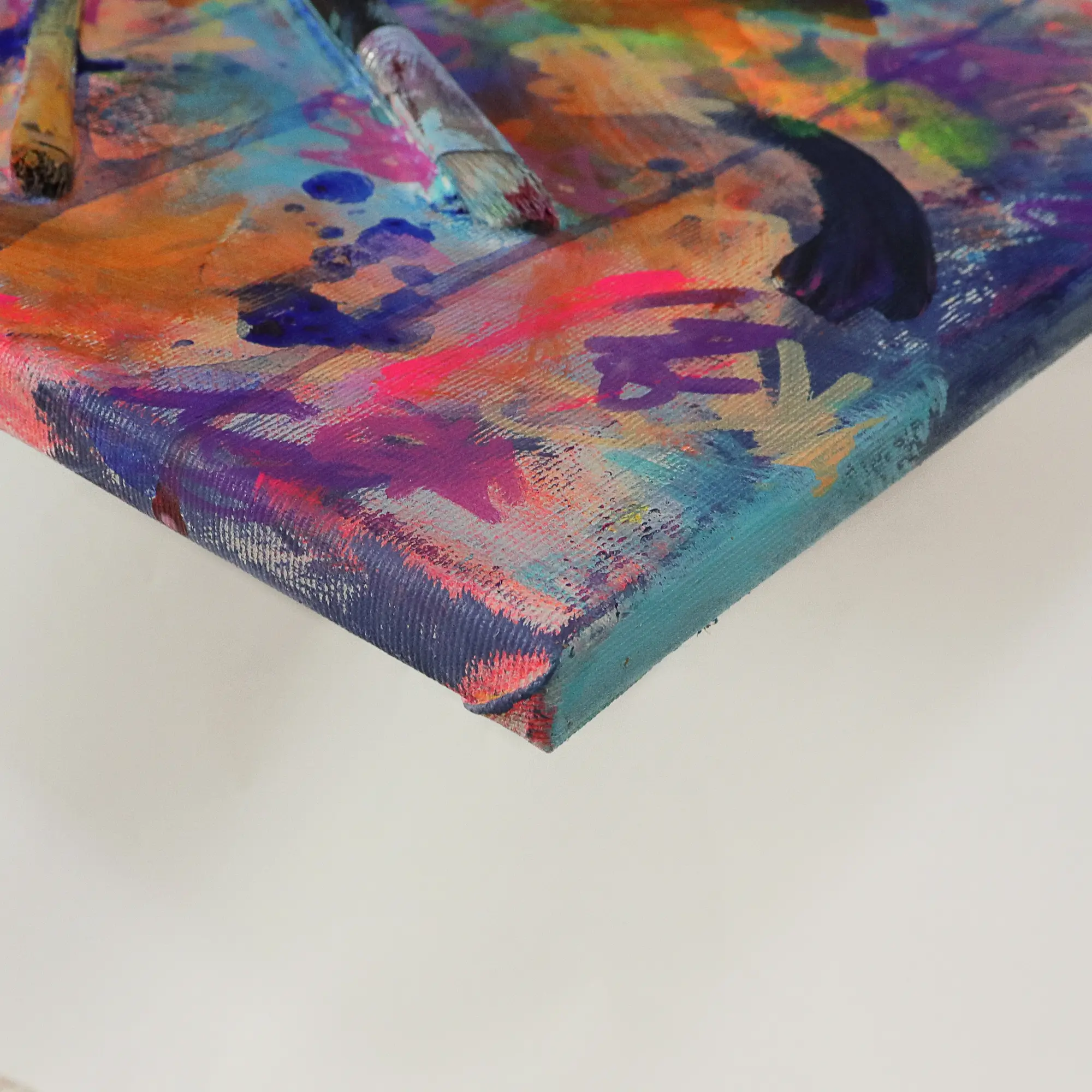 Nahaufnahme Gemälde Bild schmal neon Struktur gelb rot pink lila abstrakt Objekte Pinsel