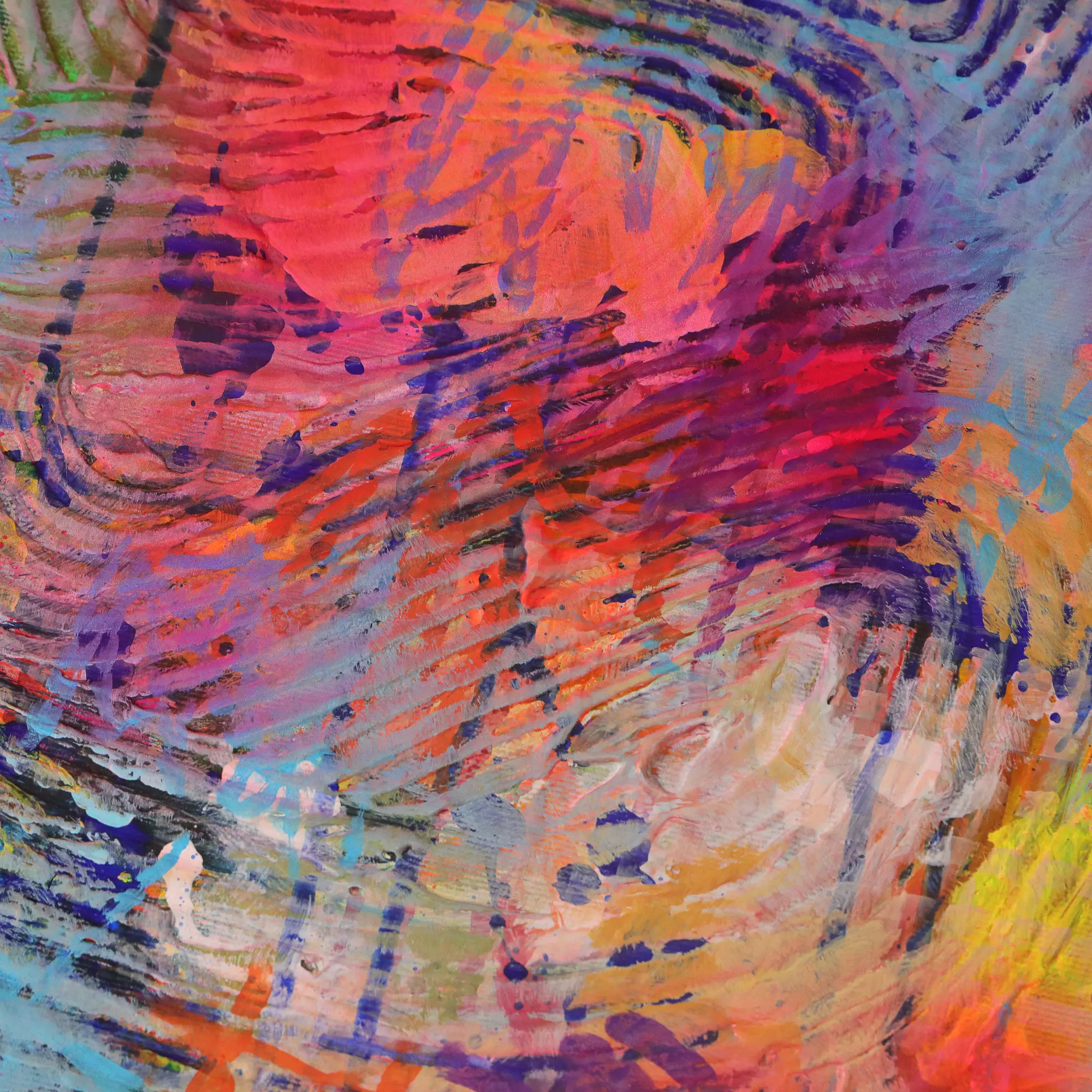 Nahaufnahme Mini XS Gemälde Bild abstrakte klein neon Struktur gelb blau Linien Streifen