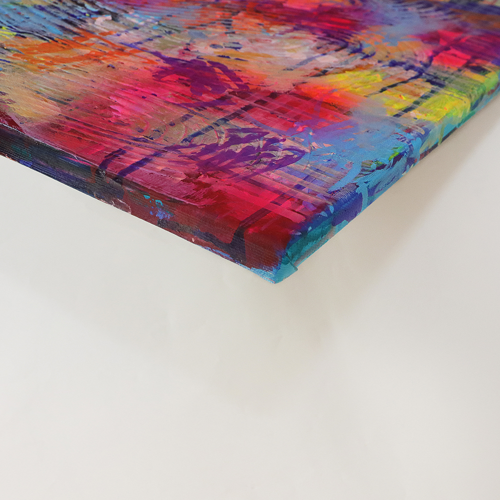 Nahaufnahme Mini XS Gemälde Bild abstrakte klein neon Struktur gelb blau Linien Streifen