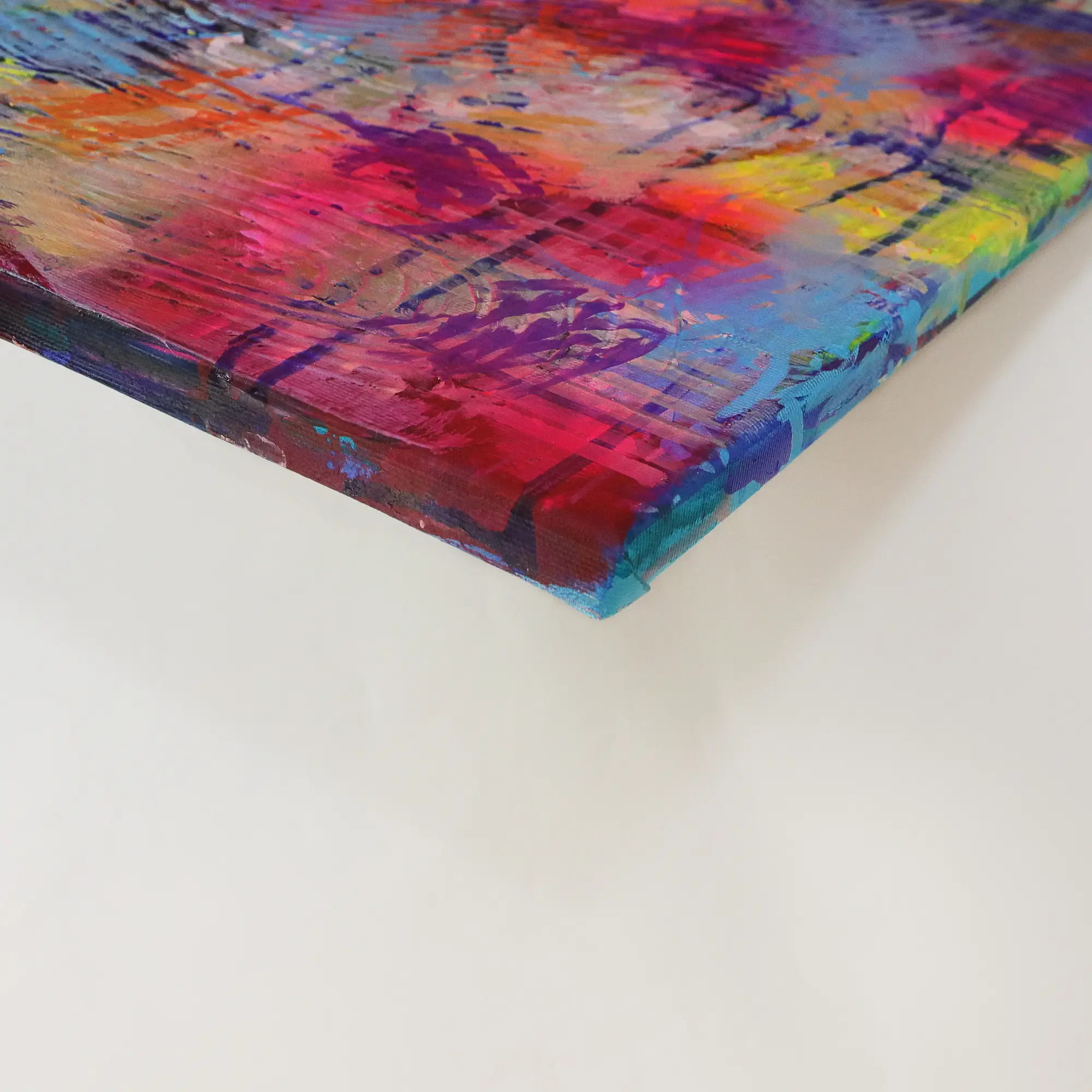 Nahaufnahme Mini XS Gemälde Bild abstrakte klein neon Struktur gelb blau Linien Streifen