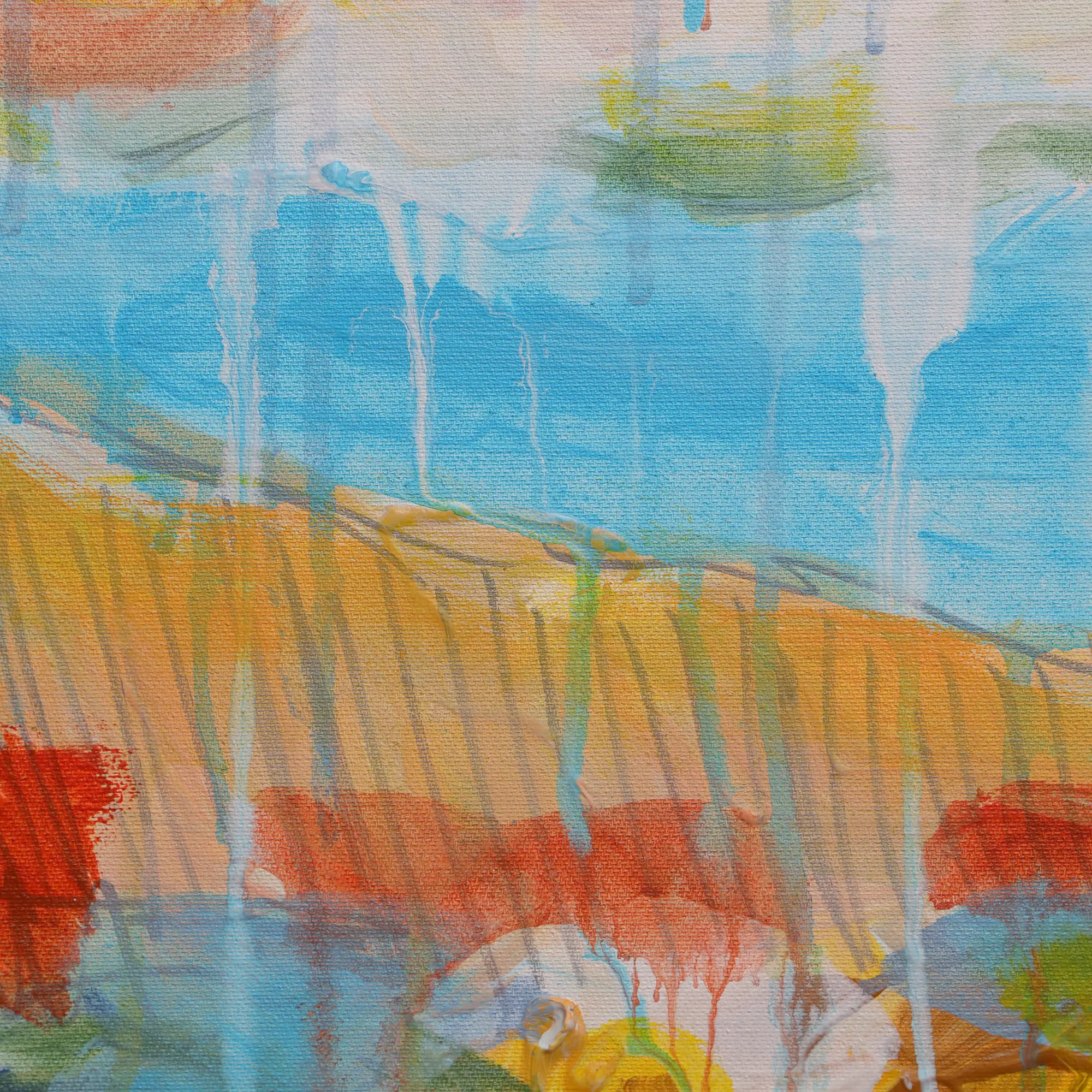 Nahaufnahme Gemälde Bild Hochkant Hochformat Landschaft Praerie gelb hell blau Berge See