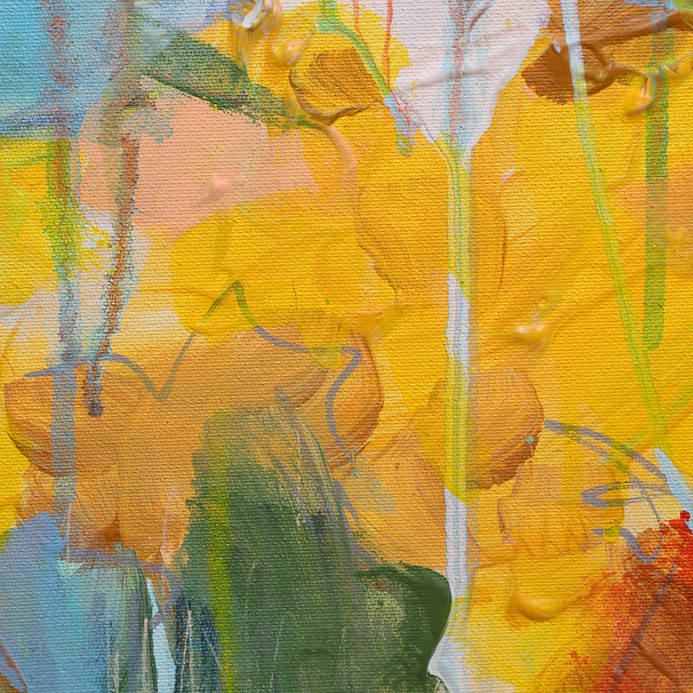 Nahaufnahme Gemälde Bild Hochkant Hochformat Landschaft Praerie gelb hell blau Berge See