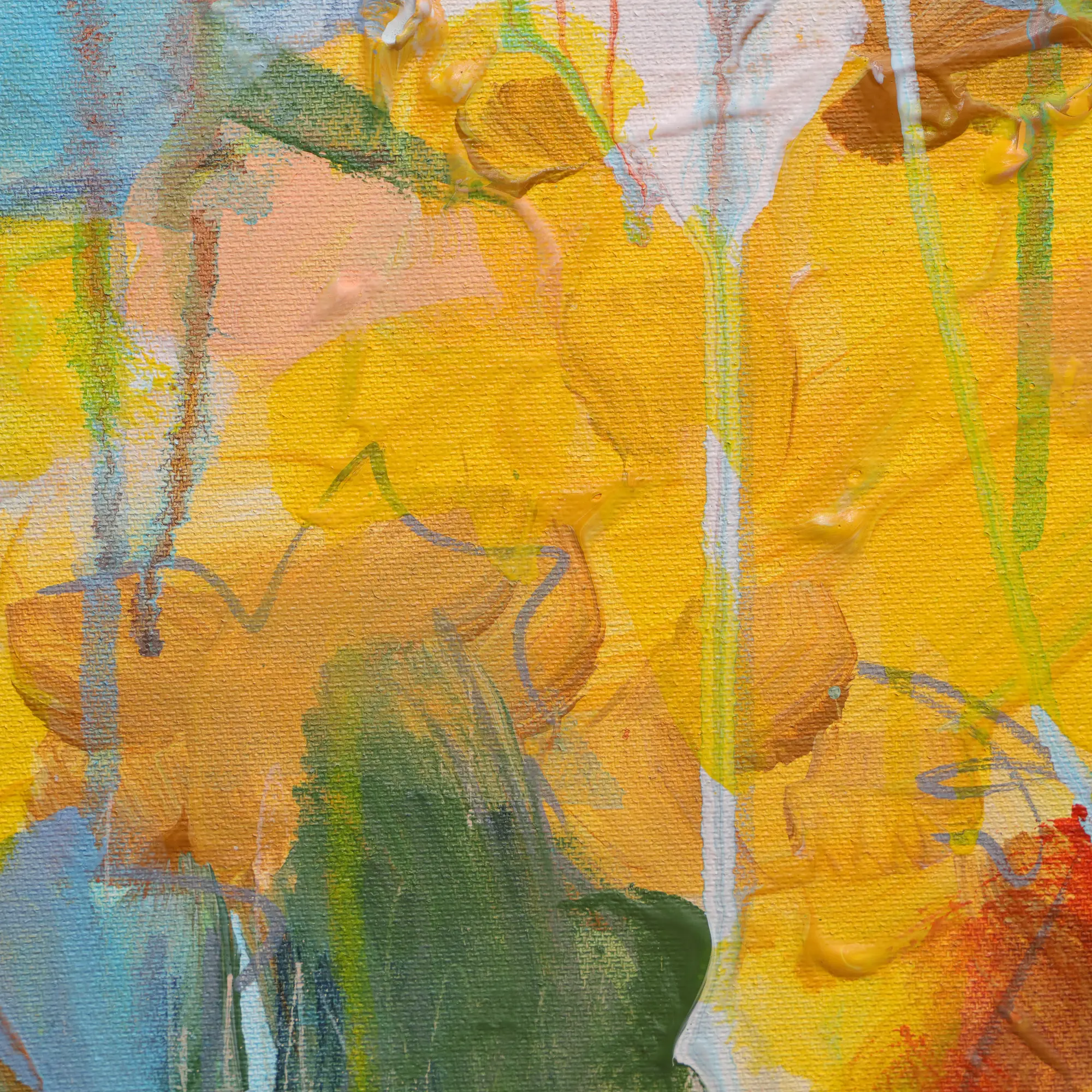 Nahaufnahme Gemälde Bild Hochkant Hochformat Landschaft Praerie gelb hell blau Berge See