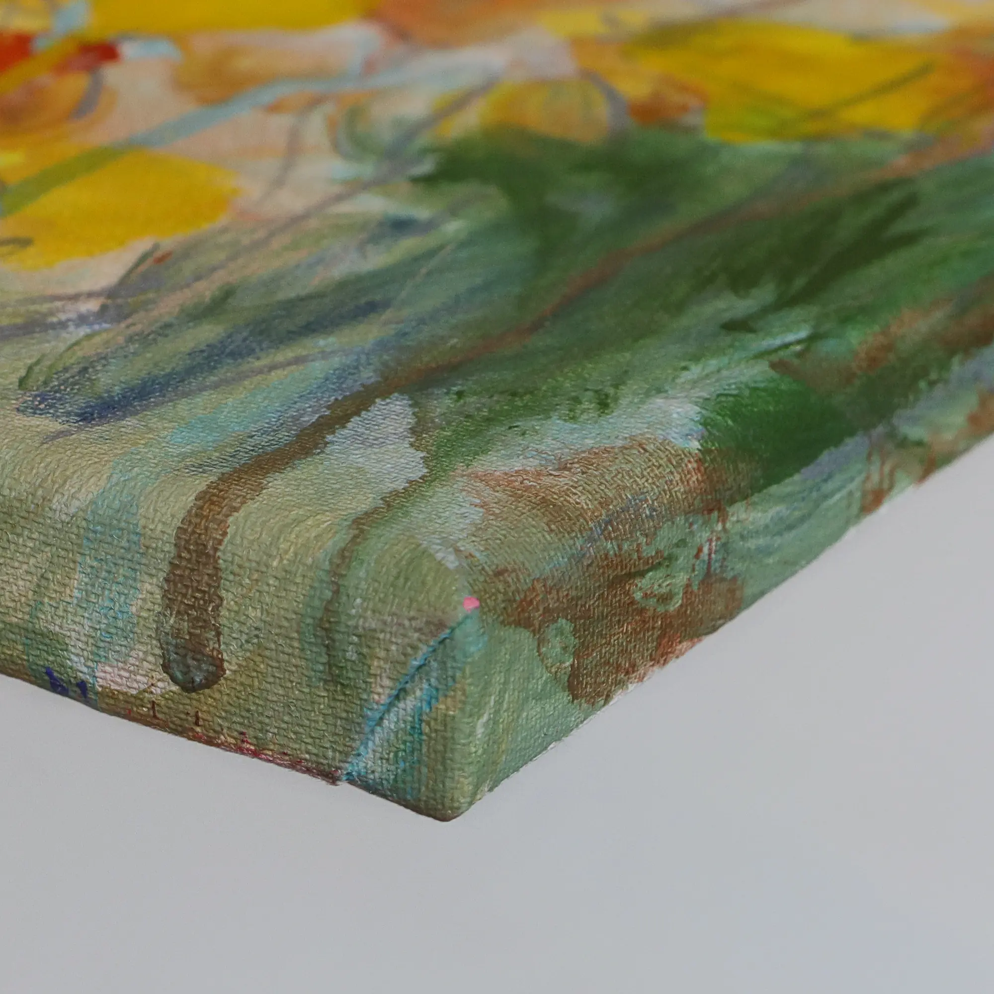 Nahaufnahme Gemälde Bild Hochkant Hochformat Landschaft Praerie gelb hell blau Berge See