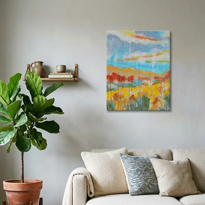 Wandbild für modernes Wohndesign Gemälde Bild Hochkant Hochformat Landschaft Praerie gelb hell blau Berge See