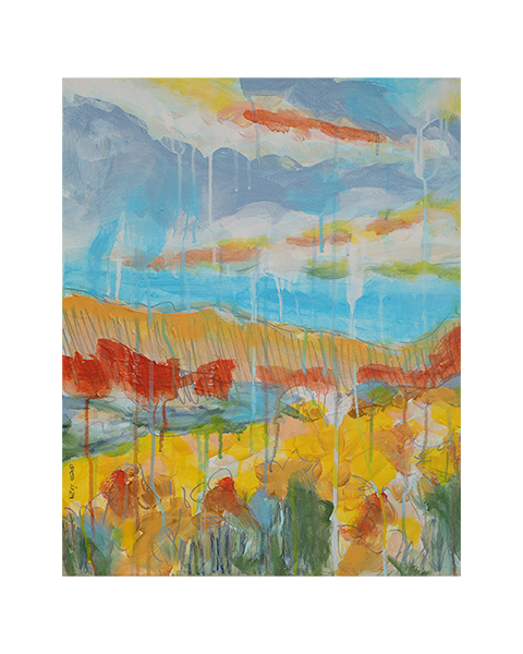 Gemaelde Bild Hochkant Hochformat Landschaft Praerie gelb hell blau Berge See