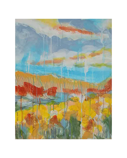 Gemälde Bild Hochkant Hochformat Landschaft Praerie gelb hell blau Berge See