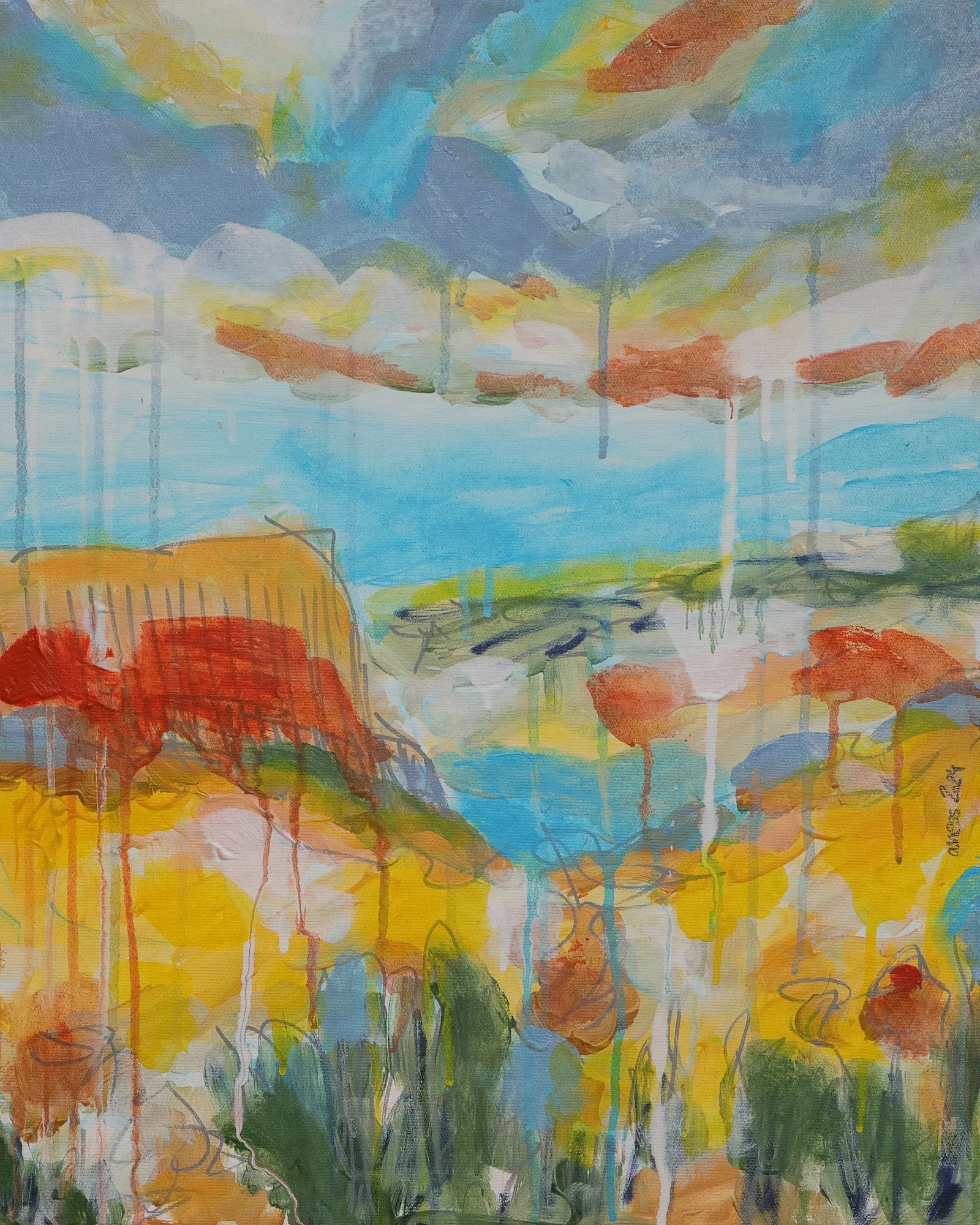 Gemälde Bild Hochkant Hochformat Landschaft Praerie gelb hell blau Berge See