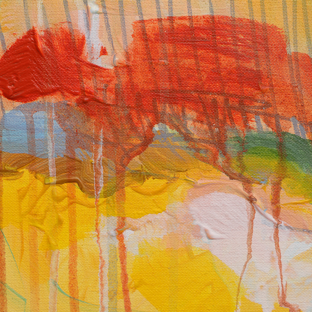 Nahaufnahme Gemaelde Bild Hochkant Hochformat Landschaft Praerie gelb hell blau Berge See