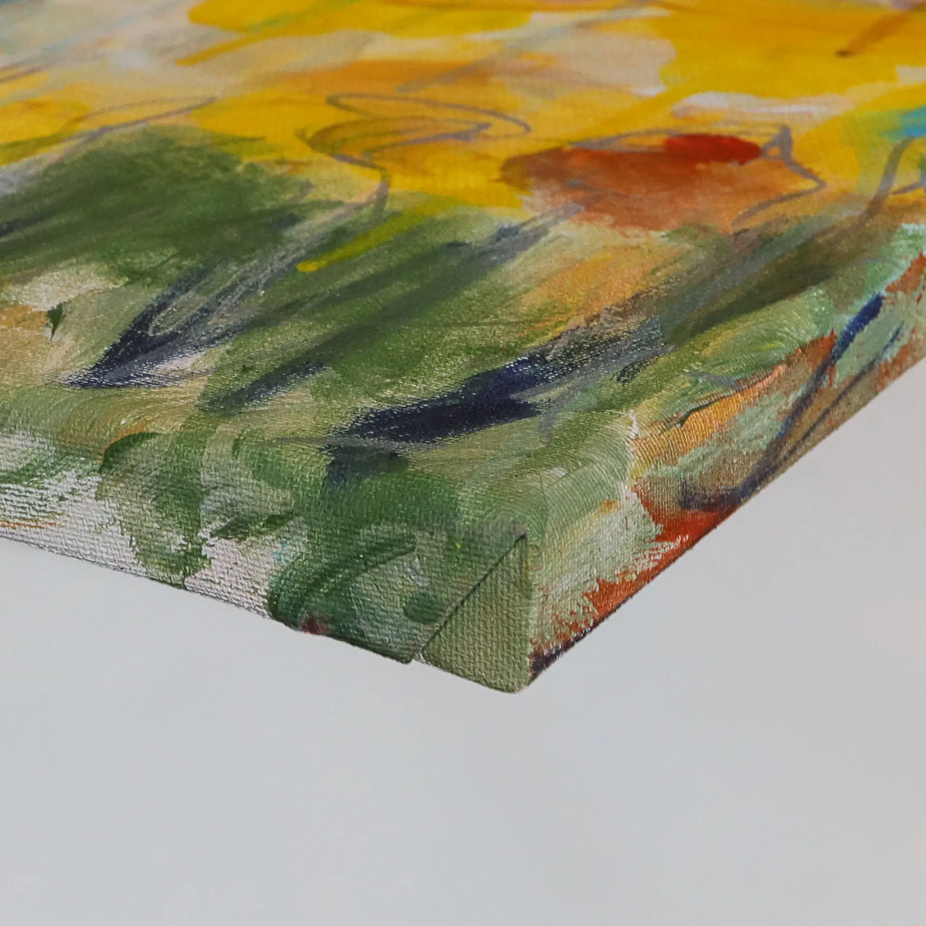 Nahaufnahme Gemälde Bild Hochkant Hochformat Landschaft Praerie gelb hell blau Berge See