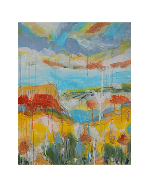 Gemaelde Bild Hochkant Hochformat Landschaft Praerie gelb hell blau Berge See