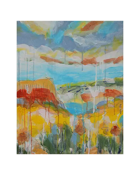 Gemälde Bild Hochkant Hochformat Landschaft Praerie gelb hell blau Berge See