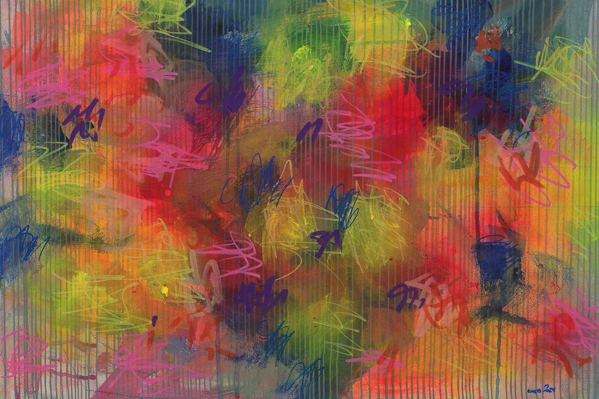 Gemaelde neon pink gruen blau Linien grau gelb orange Linien Streifen Kleckse