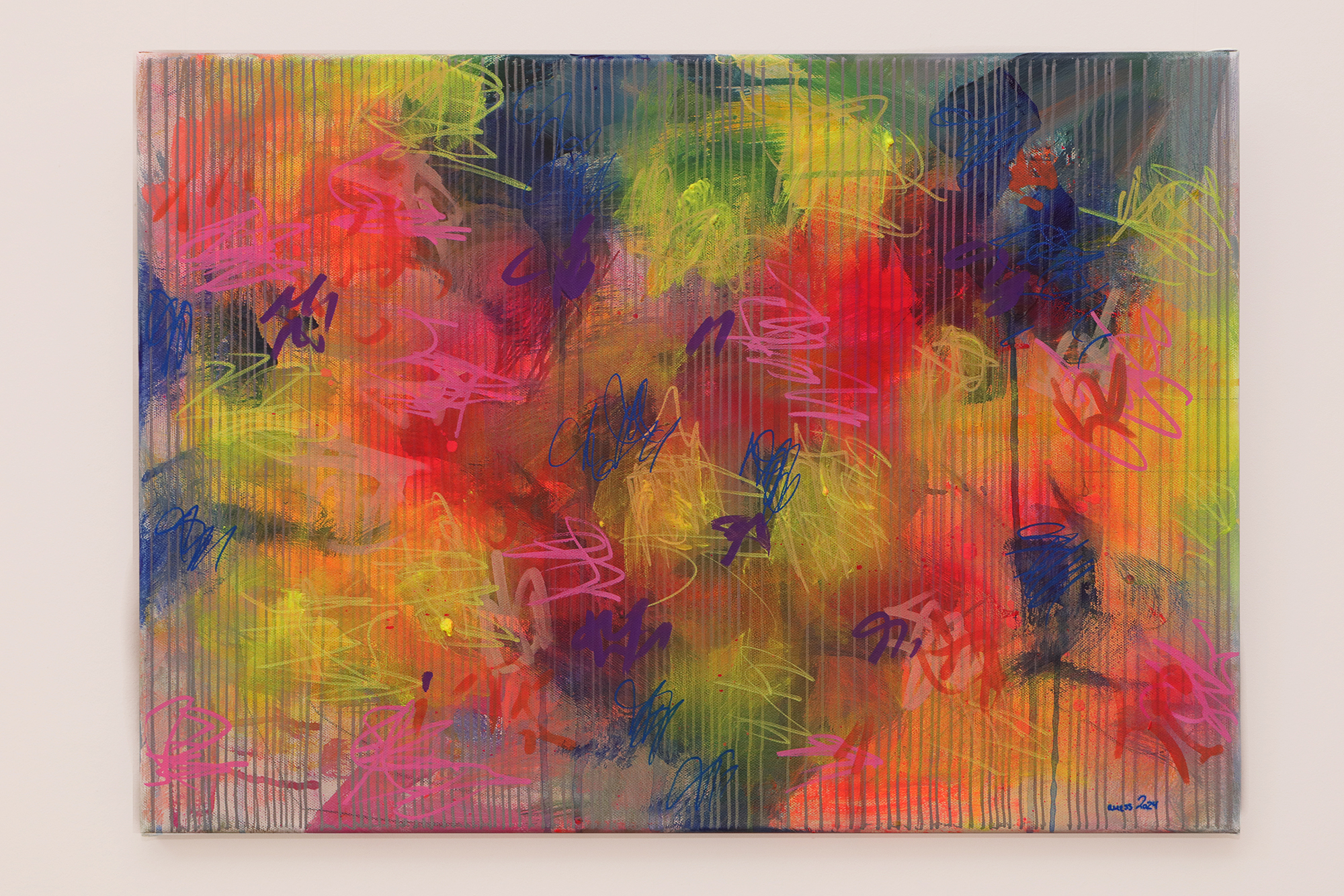 Nahaufnahme Gemaelde neon pink gruen blau Linien grau gelb orange Linien Streifen Kleckse