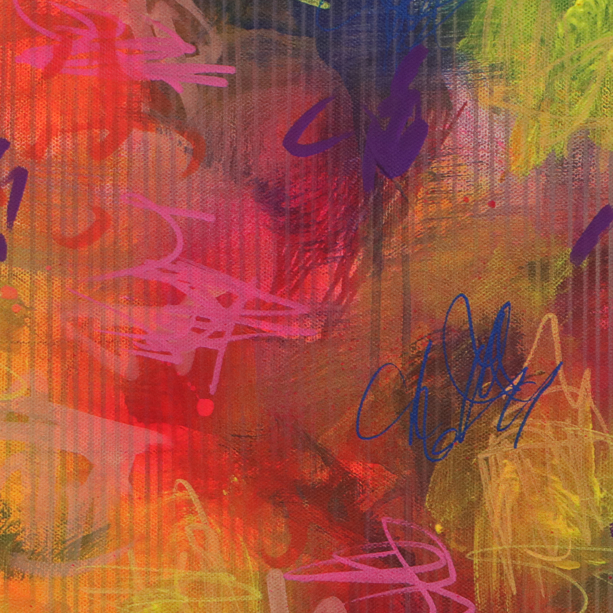 Nahaufnahme Gemaelde neon pink gruen blau Linien grau gelb orange Linien Streifen Kleckse