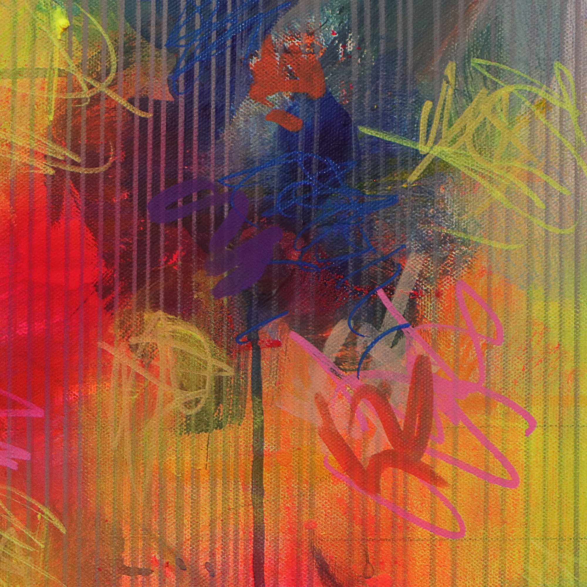 Nahaufnahme Gemaelde neon pink gruen blau Linien grau gelb orange Linien Streifen Kleckse