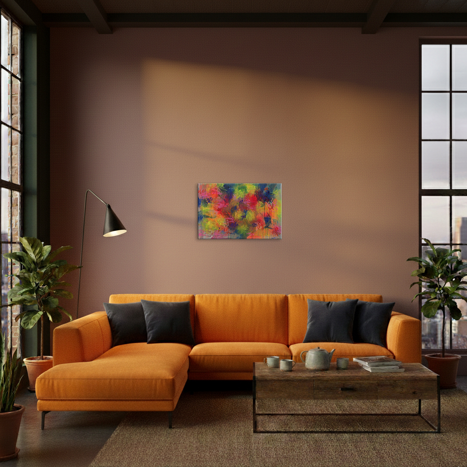 Nahaufnahme Gemaelde neon pink gruen blau Linien grau gelb orange Linien Streifen Kleckse