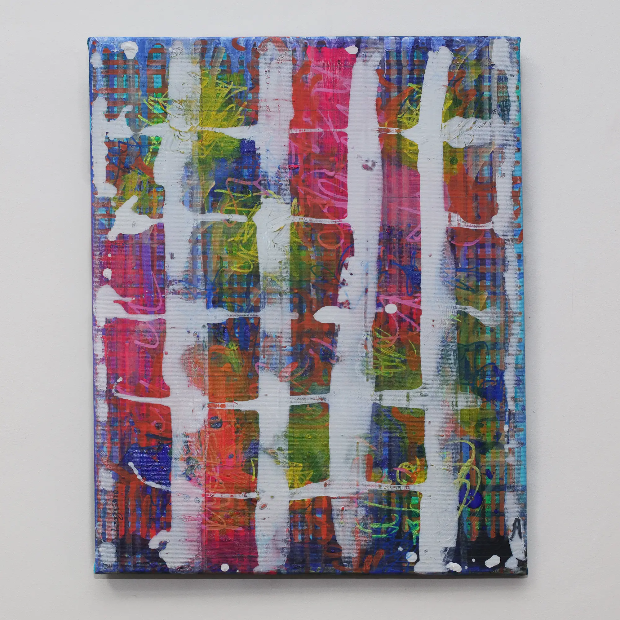 Nahaufnahme Gemälde Bild Unikat echt original Hotel Art abstrakt neon pink blau gelb orange