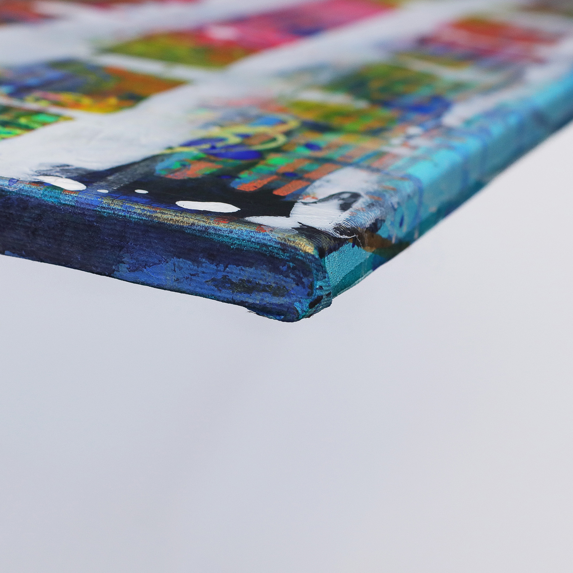 Nahaufnahme Gemaelde Bild Unikat echt original Hotel Art abstrakt neon pink blau gelb orange