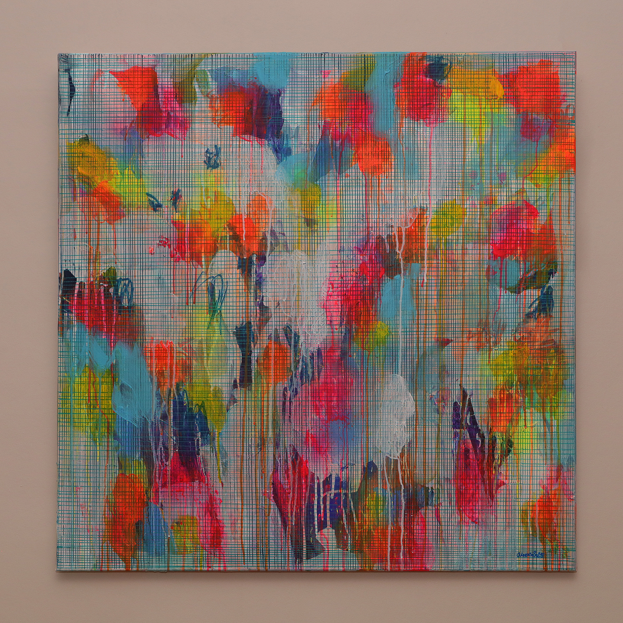 Nahaufnahme XXL XL Gemälde Bild neon pink blau gelb weiss Linien Streifen Kleckse abstrakt