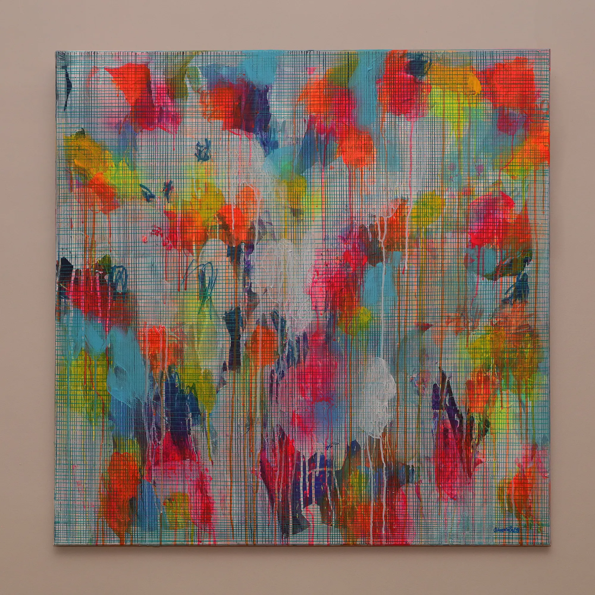 Nahaufnahme XXL XL Gemälde Bild neon pink blau gelb weiss Linien Streifen Kleckse abstrakt