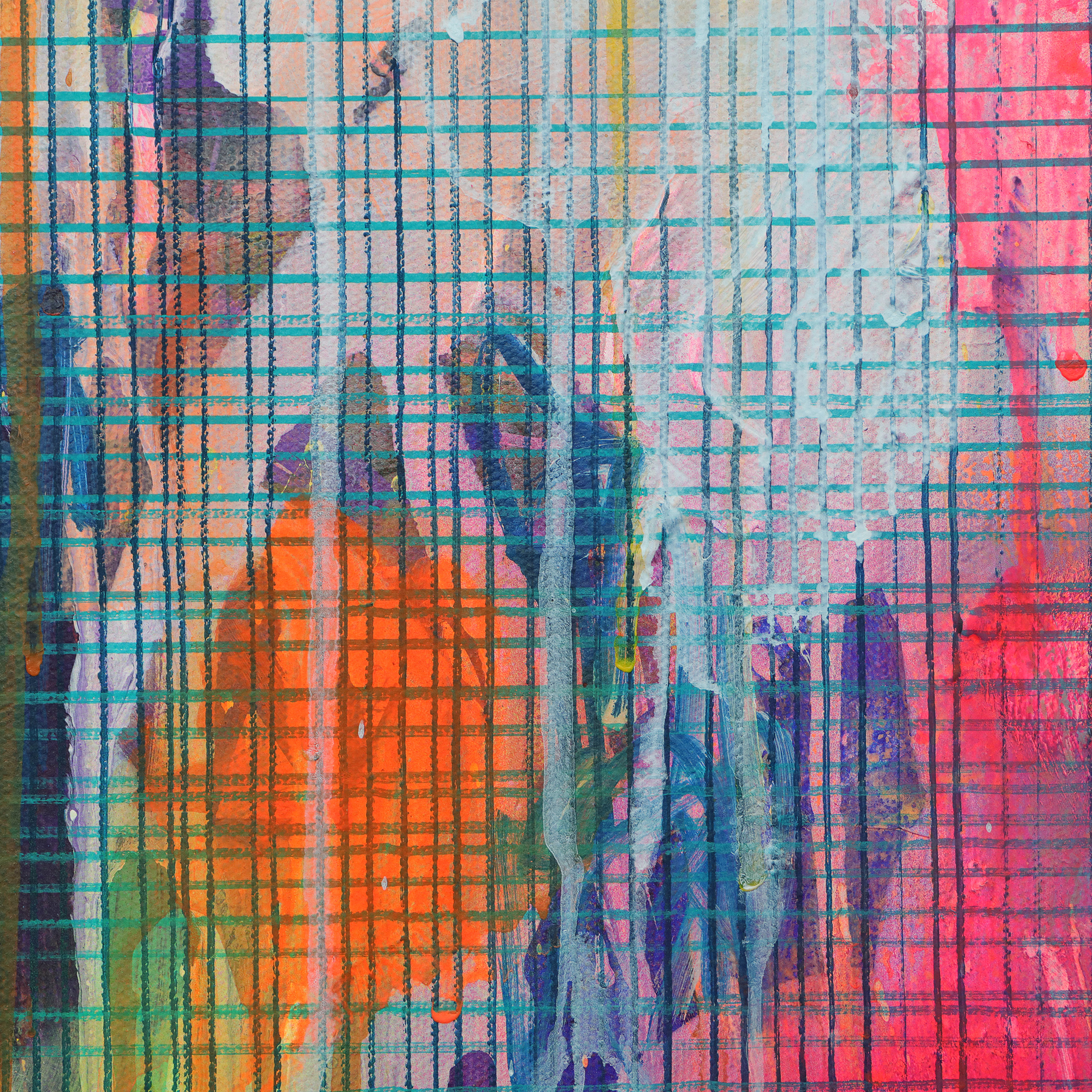 Nahaufnahme XXL XL Gemälde Bild neon pink blau gelb weiss Linien Streifen Kleckse abstrakt